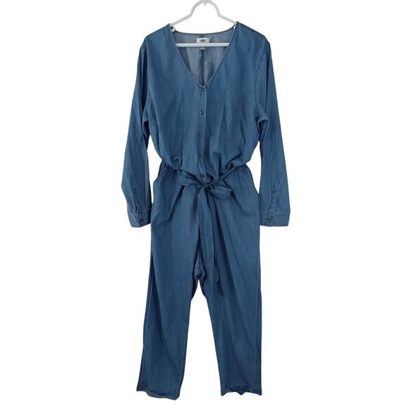 OLD NAVY! BLUE CHAMBRAY LIGHTWEIGHT, BELTED TIE WAIST JUMPSUIT, ONESIE! SZ XL - Picture 2 of 9